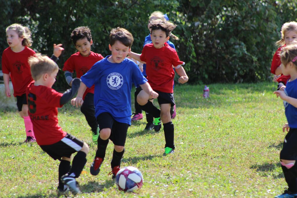 a group of children play soccer