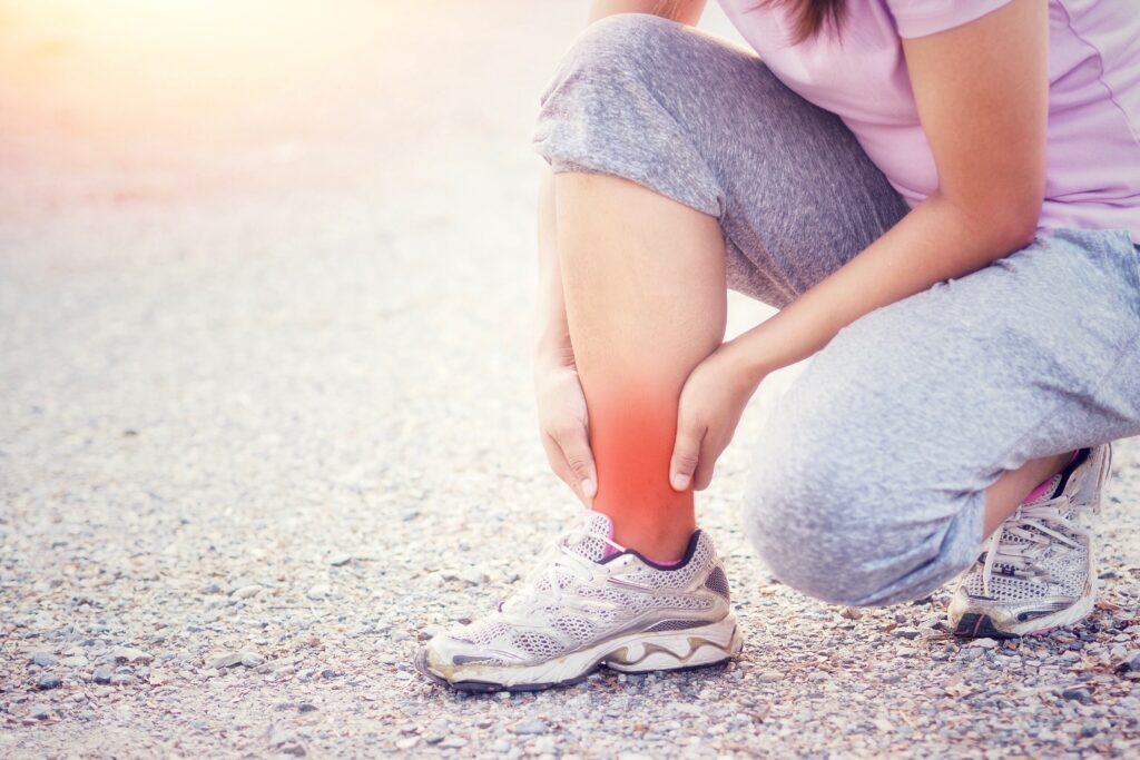 Pain in the ankle and leg area , Caused by exercise or running.
